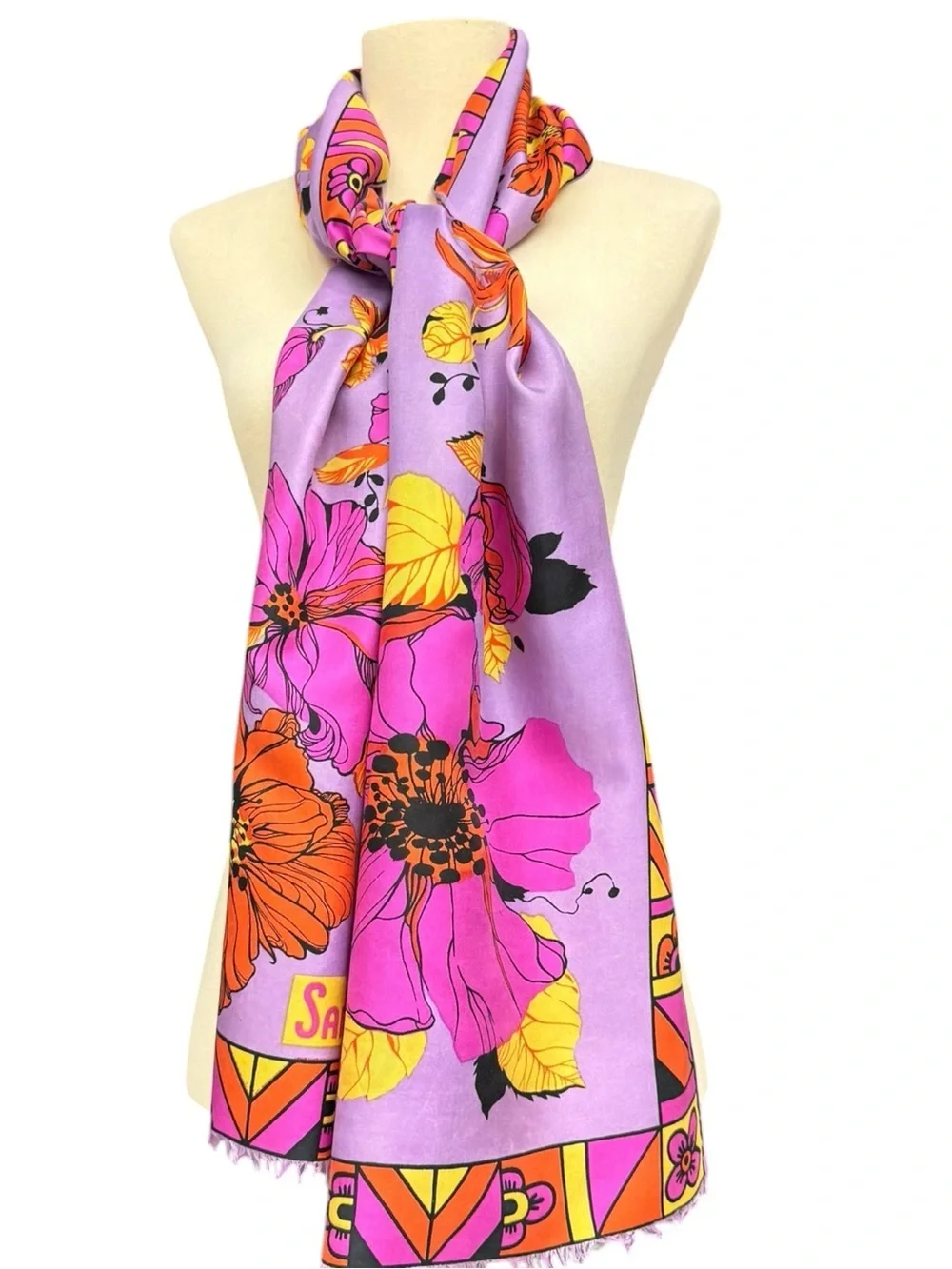 Sant’ Angelo Purple Floral Silk Scarf Luxury Vintage Mod 70s Tropical Floral